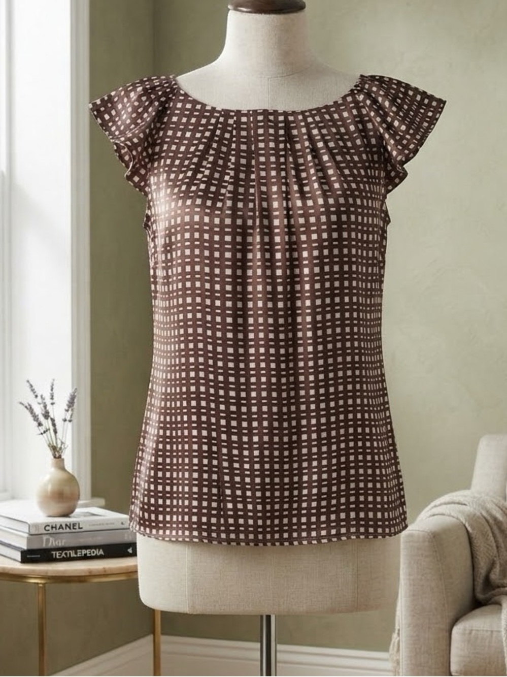 Banana Republic Brown Checked Flutter Sleeve Blouse
